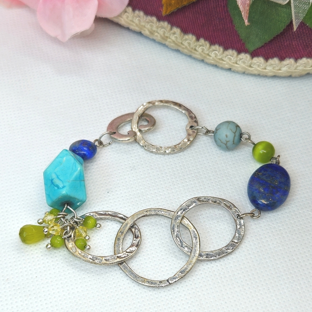 Chicos Turquoise & Lapis Stone Silver Circle Link Bracelet